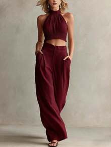 Conjunto de 2 piezas nuevo de moda para mujer, estilo casual, top halter de cuello redondo y espalda descubierta, pantalón largo, perfecto para vacaciones, playa y looks de verano - Burdeos - Ver 2