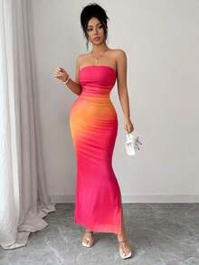 Vestido de fiesta elegante de mujer con cintura ceñida, estampado de malla teñida anudada y abertura lateral - Rosa 2 - Ver 8