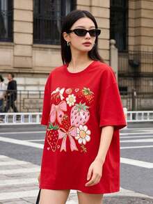 Women's Casual T-Shirt, Red, Cotton, Short Sleeve, With Strawberry And Flower Print, Round Neck, Regular Fit, Autumn Style, 100% Cotton, Durable - 紅色 - 查看 3