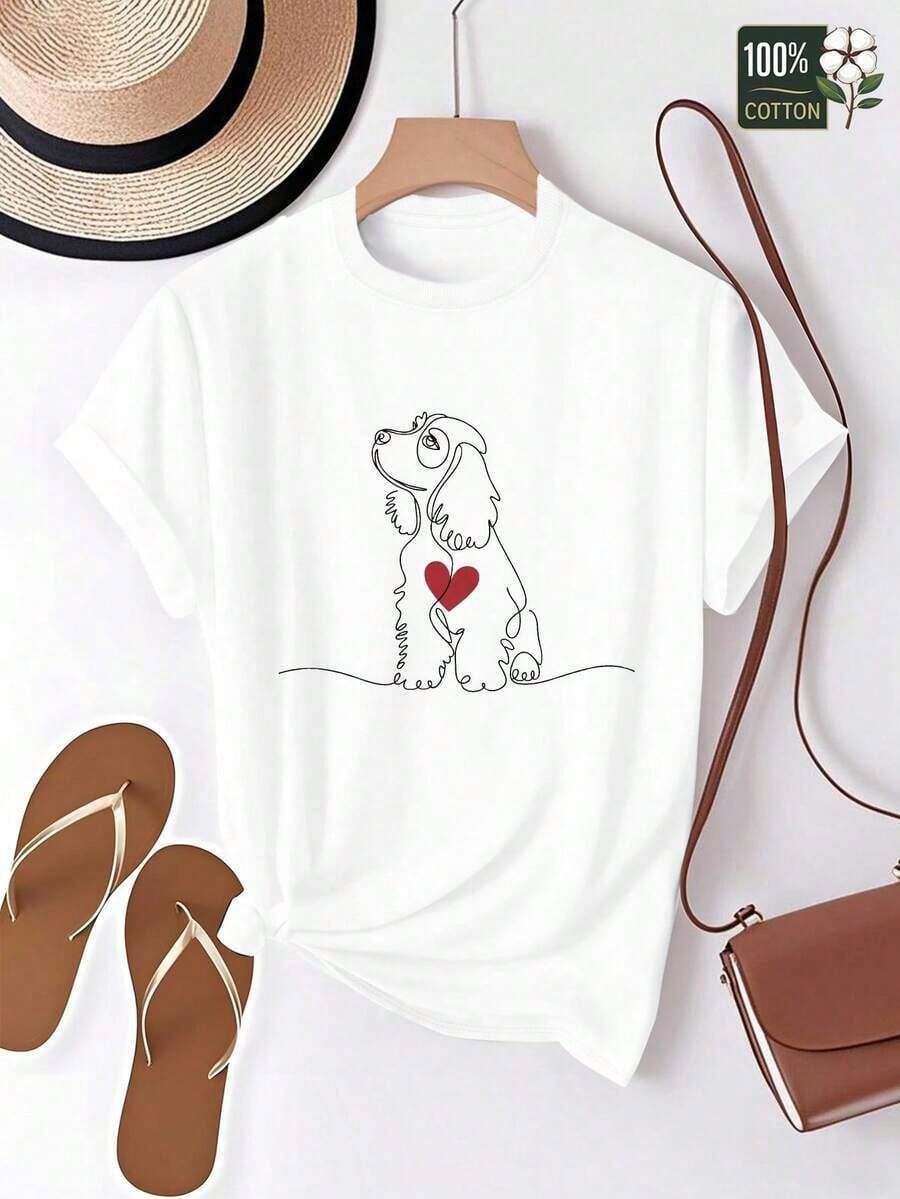 Camiseta de Mujer con Dibujo de Cocker Spaniel en Forma de Corazón de un Solo Trazo, Ajuste Cómodo100% Cotton - Blanco - Ver 1