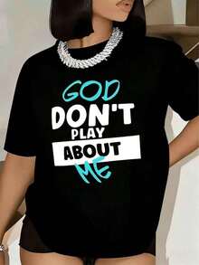 Camiseta de Mujer con Estampado 'God Dont Play About Me', Manga Corta, Cuello Redondo, Ropa Casual, Camiseta de Algodón - Negro - Ver 6