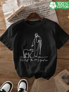 Women's Short Sleeve T-Shirt With Christian Phrase "I Left The 99 To Find Me", Letter Print, Crew Neck, Breathable, Casual And Versatile, Ideal For Family Trips, Daily Wear On Campus And Outdoor Activities, Summer And Autumn Season, Model 12595 - 黑色 - 查看 1