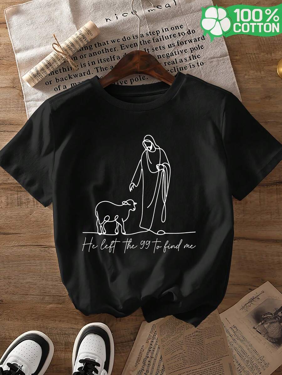 Women's Short Sleeve T-Shirt With Christian Phrase "I Left The 99 To Find Me", Letter Print, Crew Neck, Breathable, Casual And Versatile, Ideal For Family Trips, Daily Wear On Campus And Outdoor Activities, Summer And Autumn Season, Model 12595 - 黑色 - 查看 1