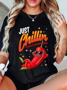 Funny Chilli Hot Pepper Just Chillin Sauce Jalapeno Mexican T-Shirt Round Neck Short Sleeve T-Shirt Women's Men's Graphic Teeplayeras de mujer - Negro - Ver 5