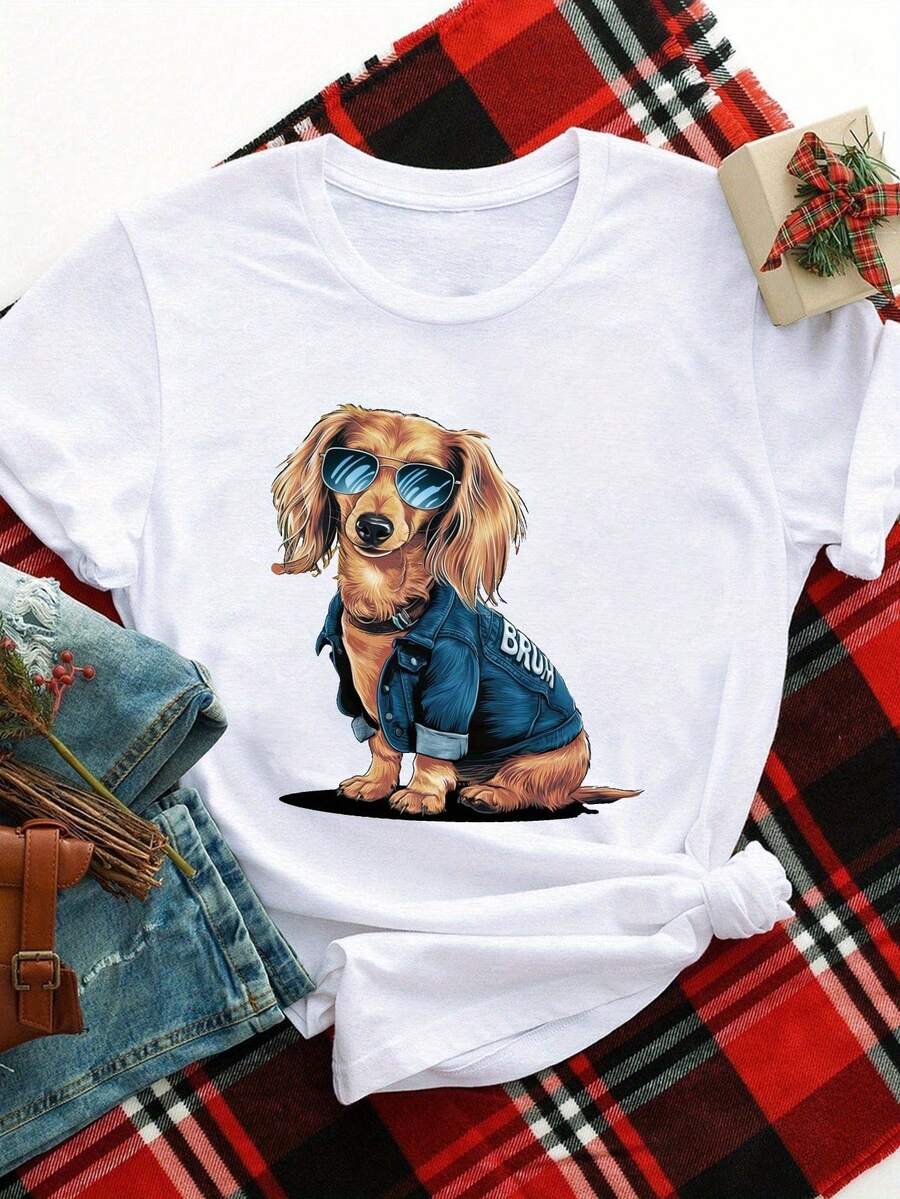 Women's Plus Size Casual T-Shirt With Fun Dachshund Graphic Wearing Glasses, Short Sleeve, Polyester, Black, Crew Neck, Machine Washable, Perfect For Casual Outfits, Ladies' T-Shirts - 白色 - 查看 1