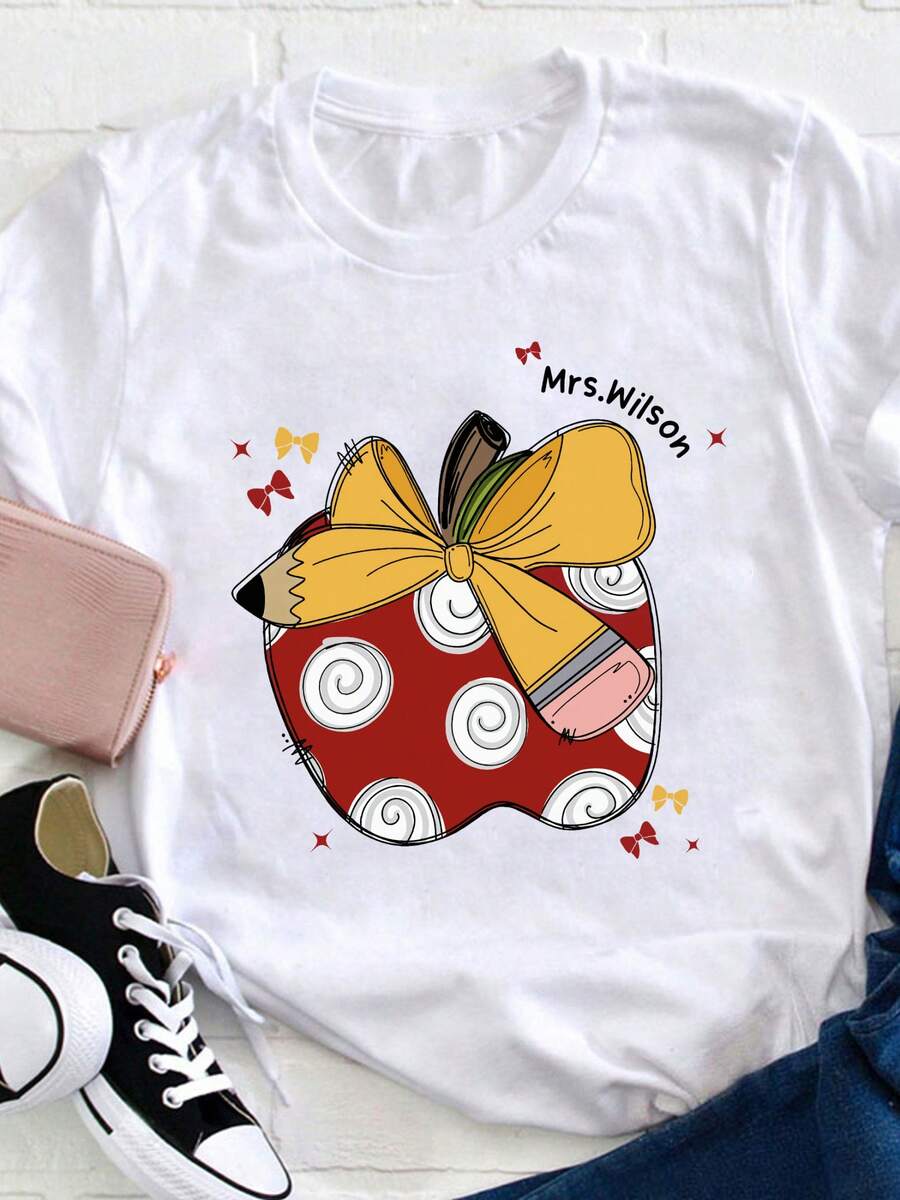 Camiseta personalizable para profesores con diseño de Apple Pencil, chaleco con patrón personalizado, ideal para la temporada de regreso a clases, perfecta para el primer día de clases, cuello redondo informal adecuado para todas las estaciones, regalo perfecto para el Día del Maestro, camisa para mujer. | Diseño exquisito |   Suelto y cómodo |   Fácil de combinar | - Blanco - Ver 1