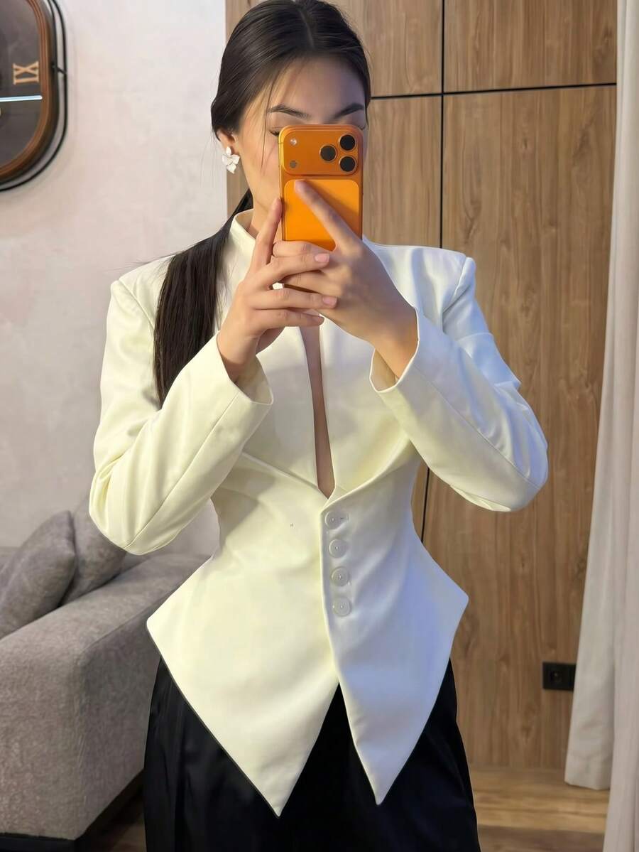 Women's Autumn Deep V-Neck Stand Collar Slim Fit Blazer Jacket, Single-Breasted Asymmetrical Hem Long Sleeve Commuter Jacket White - White - View 1
