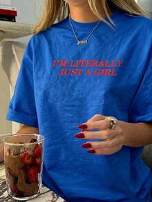 Women's Casual Summer T-Shirt, Round Neck, Short Sleeve, With Red Letter Print, In White. Round Neck 100% Cotton Soft Fabric Short Sleeve Breathable And Cool 100% Cotton - 藍色的 - 查看 7