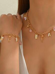 2pcs Women's Fashion Pendant Necklace & Bracelet Set, Charming Starfish, Bow, Heart Pendant Necklace, Versatile Jewelry Accessories, Gift For Friends - Gold - View 1