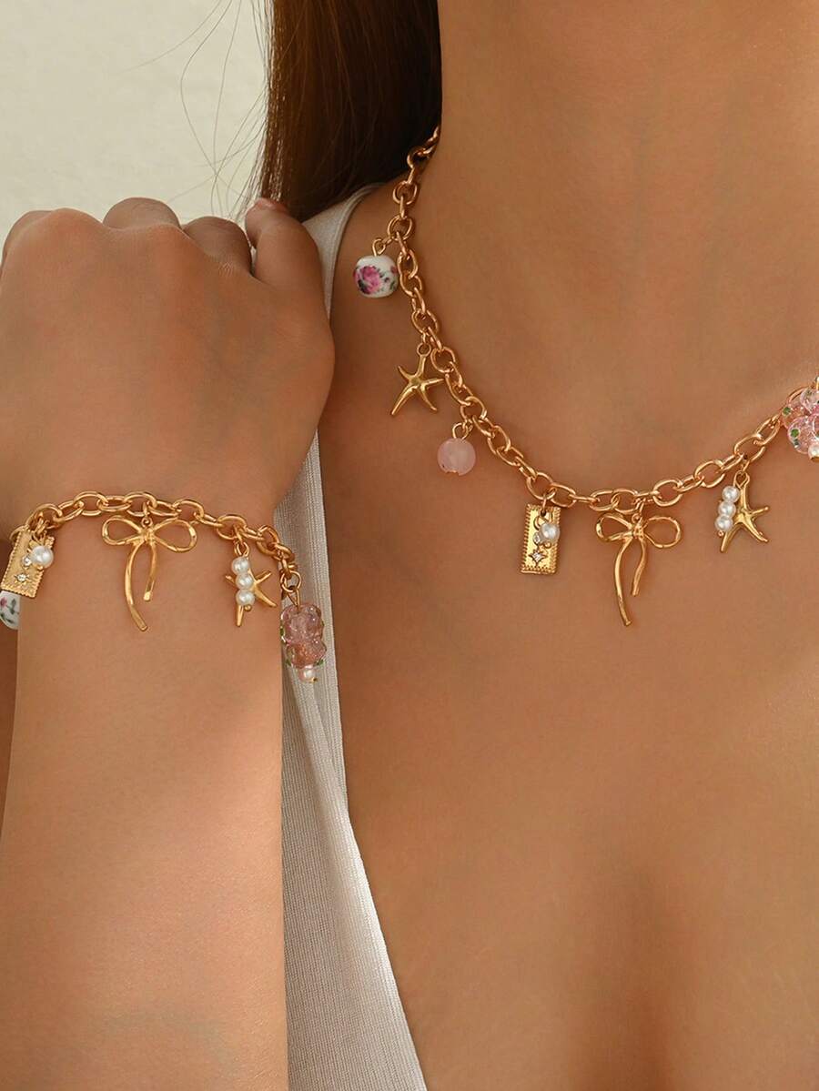 2pcs Women's Fashion Pendant Necklace & Bracelet Set, Charming Starfish, Bow, Heart Pendant Necklace, Versatile Jewelry Accessories, Gift For Friends - Gold - View 1