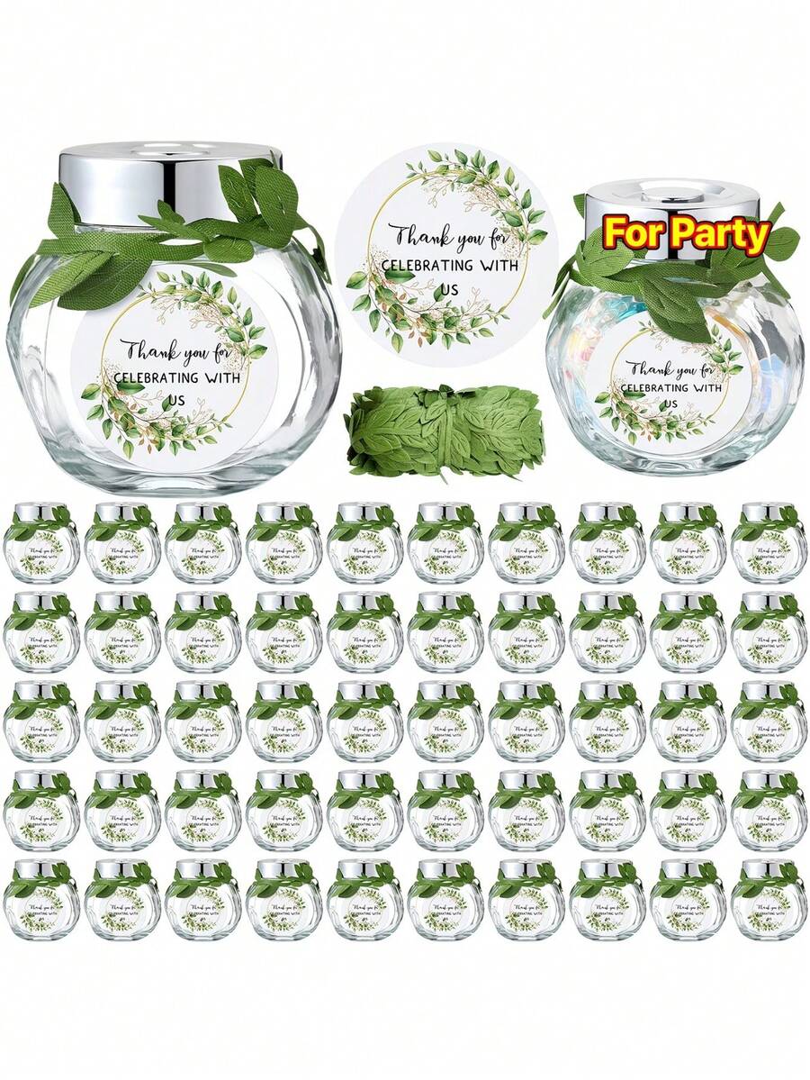 1組迷你玻璃罐/蜂蜜罐附蓋子、綠葉緞帶與標籤，每罐容量50ml，密封蜂蜜罐，適用於婚禮、新娘派對伴手禮、嬰兒派對、送給她的/他的禮物，蜂蜜罐禮品組 - 彩色 - 查看 1