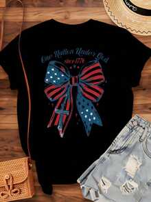 Patriotic T-Shirt With American Flag, Bow And Cross, "One Nation Under God Since 1776" For Independence Day And Fourth Of July Celebration, For Women, Men And Unisex, Casual Wear, 220g - 黑色 - 查看 3