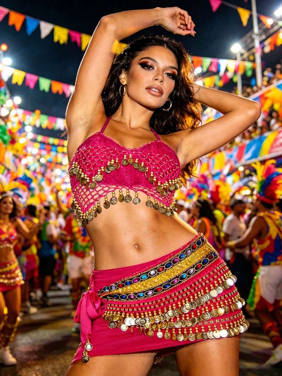 Carnival Festival Coin-Embellished Halter Crop Top With Multi-Layer Coin Hip Wrap For Parade, Rave & Themed Party (Available In Multiple Colors) - Multicolor - View 1
