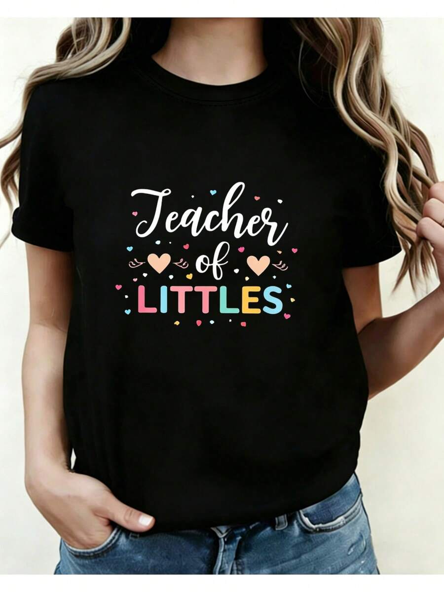 Kindergarten Teacher T-Shirt, Soft, Stretchy, Breathable, Round Neck With A Cute Heart Print, Suitable For Use In Nurseries, Birthday Party Outfit, Ideal Gift For Teacher's Day, Nursery Clothing 01, Women's Printed Round Neck T-Shirt For All Four Seasons, Ladies' Blouses. - 黑色 - 查看 1