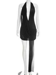 Bestseller Vestido Mini Plisado Malla Escote Profundo Diseño Espalda Abierta - Negro - Ver 5
