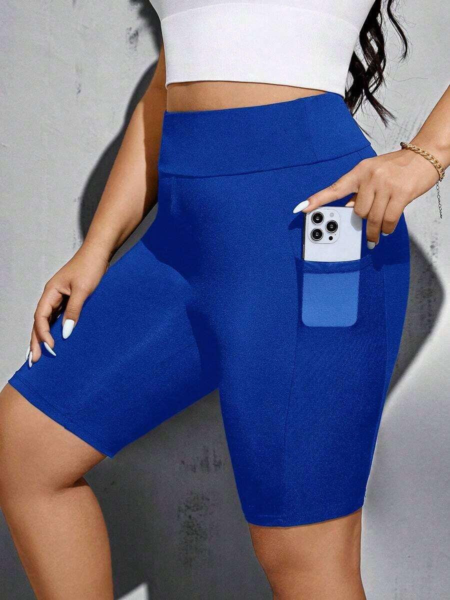 Pantalones cortos de motocicleta negros básicos, versátiles y cómodos con bolsillos para mujer de talla grande, de moda casual y deportiva para primavera y verano, ropa de calle, shorts curvilíneos, ropa para salir, ropa Y2K, joggers, shorts ci - azul real - Ver 1