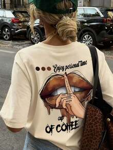 Nueva Camiseta de Verano Simple y Moderna con Estampado de Gesto de Mano con Taza de Café, Cuello Redondo y Manga Corta, Versátil y a la Moda para Mujer, 100% Algodón - Albaricoque - Ver 6