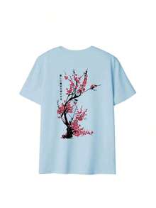 Camiseta holgada de estilo japonés con estampado de flores de cerezo para mujer, 100% algodón, transpirable, de cuello redondo y manga corta, ropa de calle Y2K, adecuada para salidas de primavera, paseos urbanos y uso diario casual, color rosa de verano. - Celeste - Ver 2