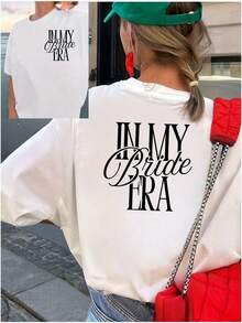 Women's Pure Cotton T-Shirt With A Hand-Lettered Bridal-Themed Pattern Print. Features Short Sleeves, A Casual Round Neck, And A Soft, Breathable Regular Fit. Suitable For Year-Round Wear And Everyday Casual Occasions. An Excellent Gift Choice For Holidays Or For Friends. MJUH - 白色 - 查看 7
