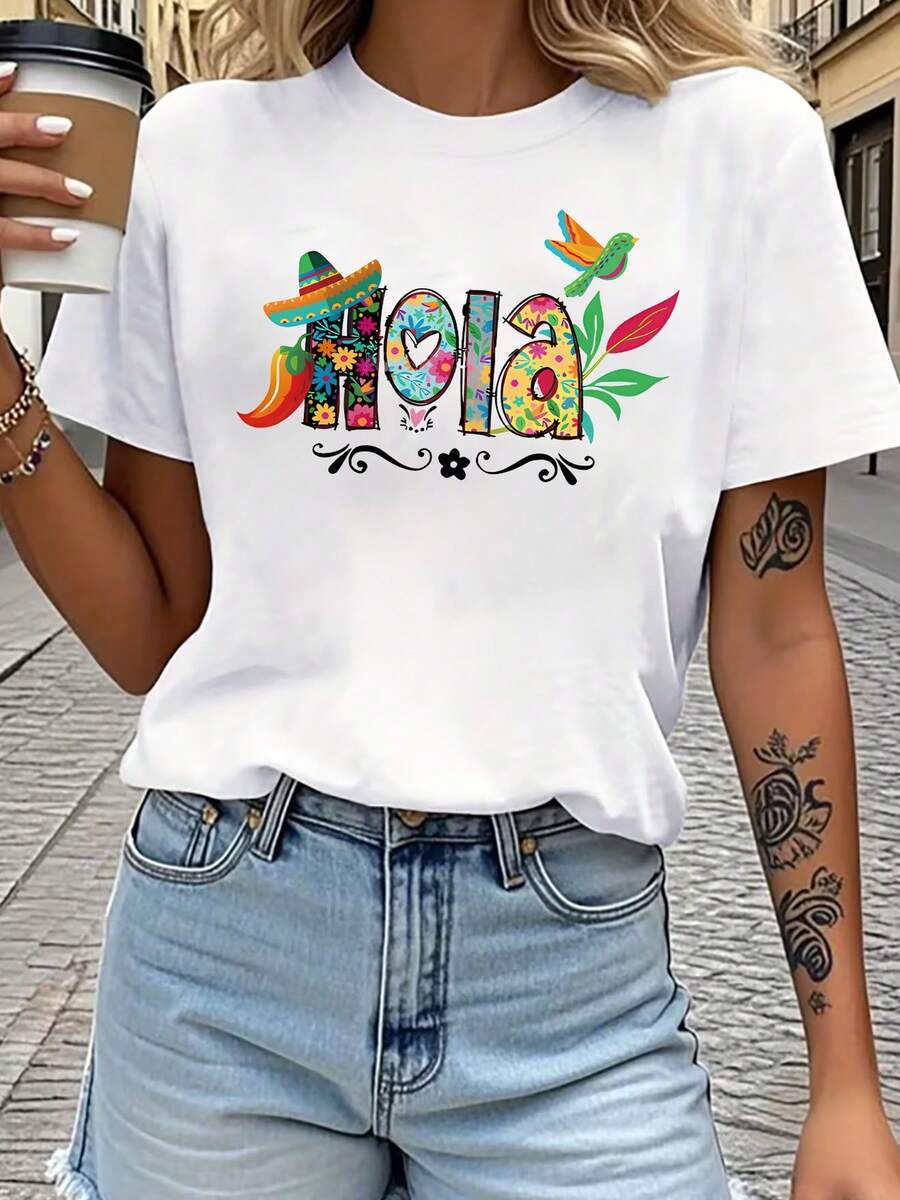 Women's Mexican Style "Hola" T-Shirt With Colorful Letter Print, Casual Short Sleeve Round Neck T-Shirt, Summer Clothes For Women, Women's Tops - 白色 - 查看 1