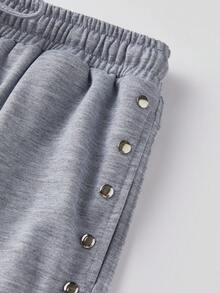 Women Knee Length Shorts, Elastic Waist Riveted Loose Summer Casual Shorts Streetwear - Gris Claro - Ver 9