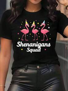 New Arrivals For Summer. Women's T-Shirt With Flamingo Print And Party Hat, Round Neck, Casual Everyday Wear, Soft And Comfortable, Vacation Blouse, Shirt > Beautiful. - 黑色 - 查看 7
