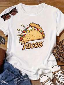 Women's T-Shirt With A Delicious Cartoon Taco Print, White, Round Neck And Short Sleeve, Suitable For All Seasons, Machine Washable, Ideal For Combining With Other Garments, Daily Wear, Casual Meetings, Women's Tops. - 白色 - 查看 3