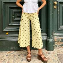 Women Casual Fold Over Loose Fit Capri Pant Leg Cropped Flowy Cotton Gaucho Pants Comfy Casual Yoga Coluttes Pajama Bottom Soft Comfortable Cropped Trouser Lounge Sleepwear Bottoms - 黃色 - 查看 5