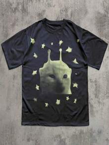 Y2K Alien Cat T-Shirt, Funny Kitten Print T-Shirt, Quirky Cat T-Shirt, 90s Retro Clothing, Gift For Animal Lovers - 黑色 - 查看 1