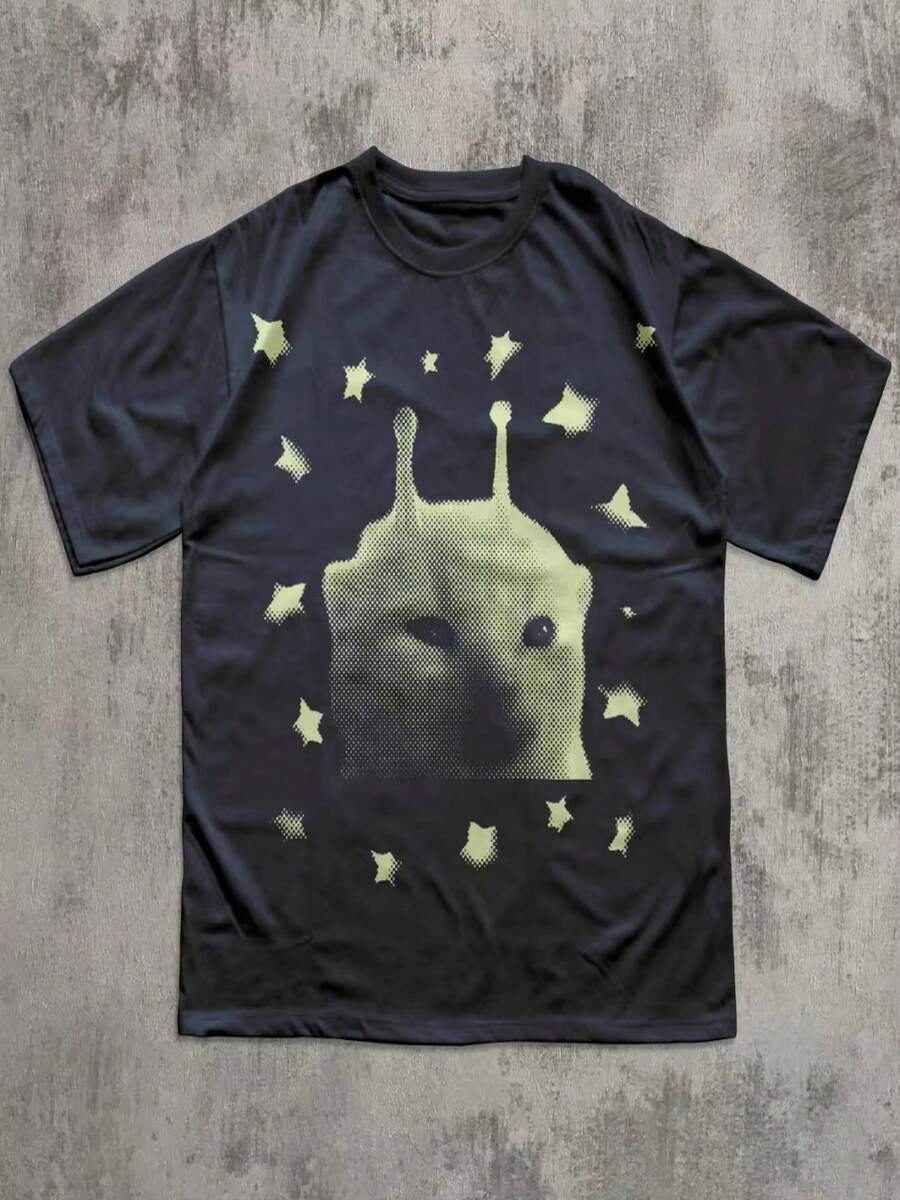 Y2K Alien Cat T-Shirt, Funny Kitten Print T-Shirt, Quirky Cat T-Shirt, 90s Retro Clothing, Gift For Animal Lovers - 黑色 - 查看 1