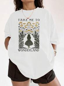 Figure Of A Girl In Front Of Yellow Flowers Symbolizing Curiosity And A Desire To Explore Magical Worlds, Inspiring Fantasy And Freedom. Comfortable Casual Women's T-Shirt For Everyday Wear. - 白色 - 查看 6