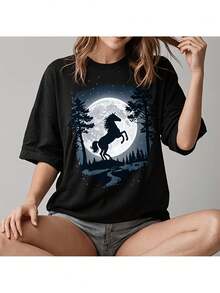 Great Offer: Women's Casual Summer T-Shirt With Round Neck And Horse And Moon Print, Slightly Stretchy, Regular Fit And Short Sleeves, Ideal For Sports And Everyday Wear. - 黑色 - 查看 8
