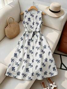Vestido casual de mujer sin mangas con estampado de plantas y diseño de una sola hilera de botones - Blanco - Ver 1