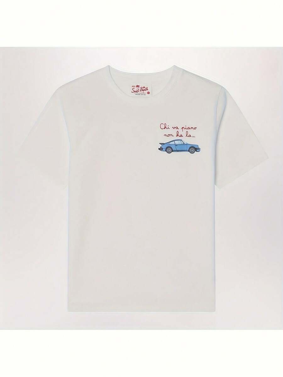 Camiseta Sommer para hombre con estampado de coche de carreras vintage en azul | Eslogan divertido: Llámanos si quieres competir. Camiseta blanca de cuello redondo con tejido resistente, ajuste cómodo para todas las estaciones, ideal para los aficionados al automovilismo. Camiseta holgada y cómoda para hombre. - Blanco - Ver 1