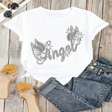 Angel Graphic T-Shirt, 100% Cotton Oversized Soft Breathable Casual Crewneck Short Sleeve Top, Romantic Aesthetic Summer Vibes Streetwear Style For Women & Angel Lovers - Blanco - Ver 6