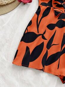 Women's Summer Jumpsuit With A Watercolor Silhouette Print, Suitable For Vacations, Cruises, Carnivals, And Resorts. Features A Front Knot And Open Back, A Loose Fit, And Is Perfect For Parties, Dates, Valentine's Day, And Layering. - 橘色 - 查看 6