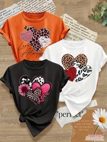 Women's T-Shirts, Women's Short Sleeve Casual T-Shirt - Vintage Heart Print, Leopard Print, Polka Dots And Stripes T-Shirt, Machine Washable, Sizes S-XXXL, Spring, Summer, Autumn, All Seasons Top. | Vintage Style T-Shirt | Soft Texture - 1件黑色隨機圖案 - 查看 2