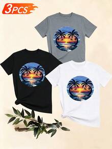 Women's T-Shirts, Women's T-Shirts, Casual One-Piece T-Shirt Set, Sunset Palm Tree Print On The Beach, Short Sleeve Crew Neck Top, Comfortable And Breathable For Everyday Wear. - 1件白色隨機圖案 - 查看 6