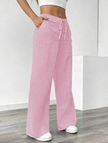 Pantalones sueltos para mujer con rayas azules de tiro bajo para vacaciones y uso informal - Rosa Chicle - Ver 4