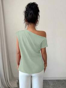 Blusa de unicolor con cuello asimétrico y plisado a la moda para mujeres - Verde - Ver 2