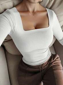 Elegante camiseta básica minimalista vintage casual de uso diario, reversible, de punto con cuello redondo y manga larga para mujer, color negro, para primavera - Blanco - Ver 2