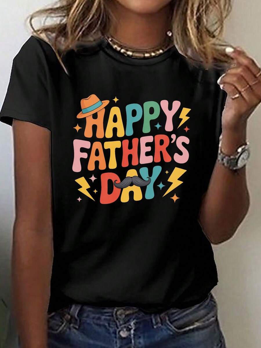 Vintage Print T-Shirt For Father's Day, Short Sleeve And Round Neck Design, Suitable For Casual Wear In Spring And Summer, Exclusively For Women. Elegant Party Outfit, T-Shirt For Elegant Ladies, Blouses Suitable For Curvy Women, Casual Wear, Cool And Sweat-Free Summer Clothing, Fun Letter Print. - 黑色 - 查看 1