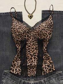 Top de camisola con parches de encaje y estampado de leopardo sexy para vacaciones de verano - Multicolor - Ver 8