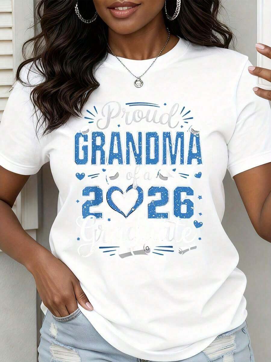1 Piece White T-Shirt With Print For Women "Proud Grandmother Of A Class Of 2026 Graduate", Graphic Tee For Mother Of Graduating Student, Graduation Gift 2026, 180g 100% Cotton - 白色 - 查看 1