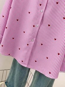 Blusa de mujer con cuello polo, estampado de corazones y rayas - Camisa casual de manga larga con botones, adecuada para uso diario en primavera, verano y otoño - Rayas rosas - Ver 7