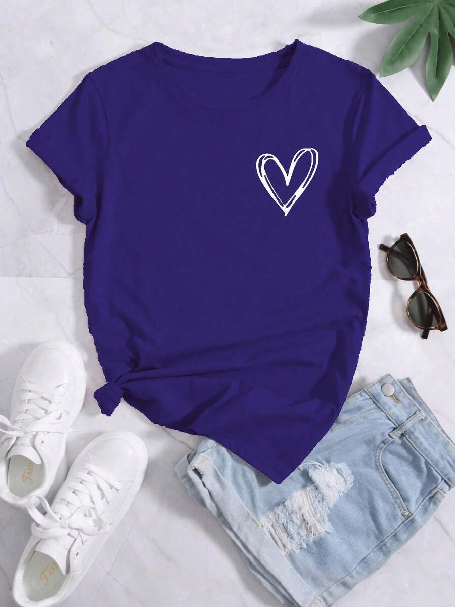 Women's T-Shirt With Heart Print And Round Neck - Navy Blue - View 1