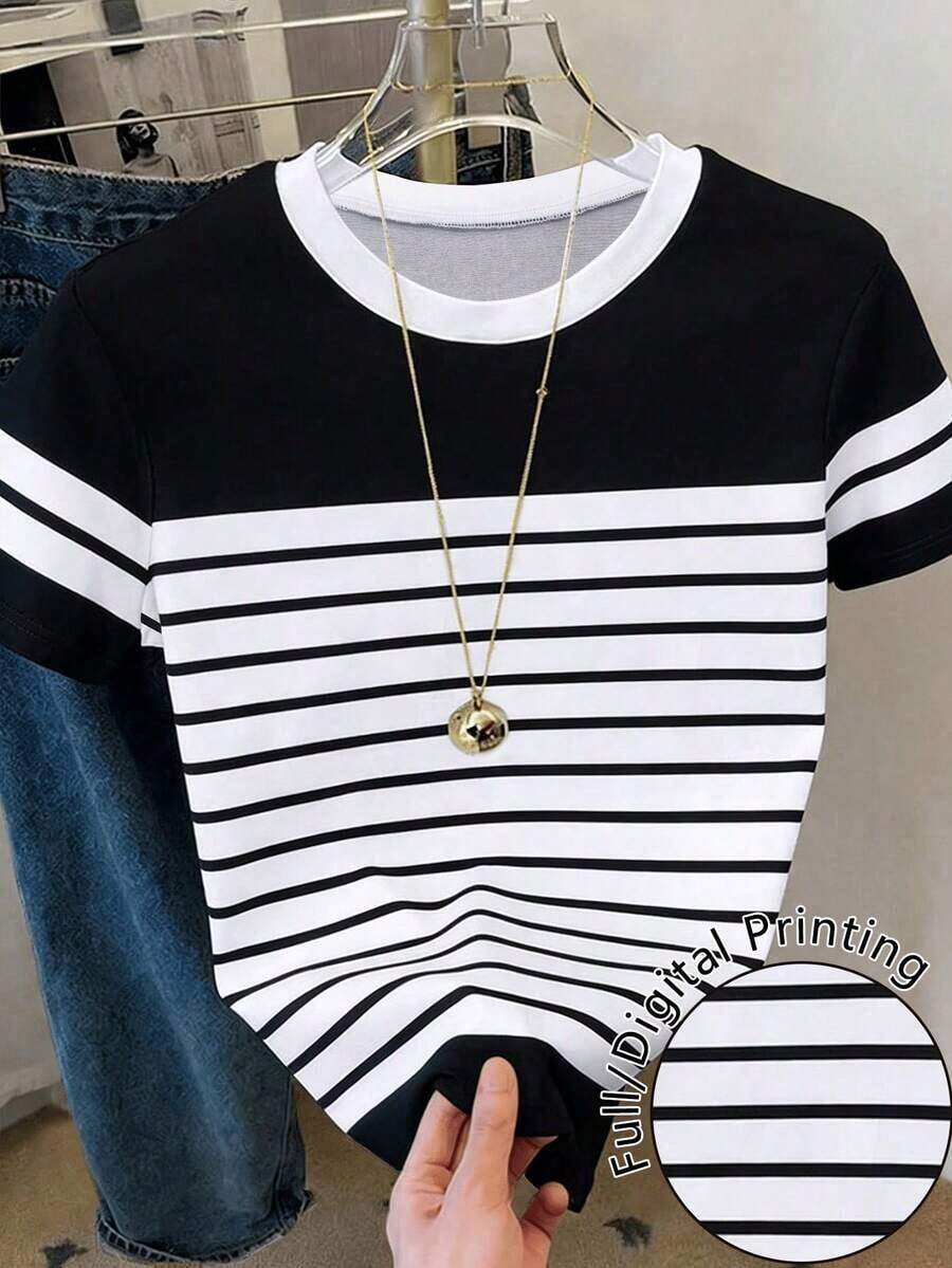 Camiseta de mujer de manga corta y cuello redondo a rayas, casual de verano - Multicolor 8 - Ver 1