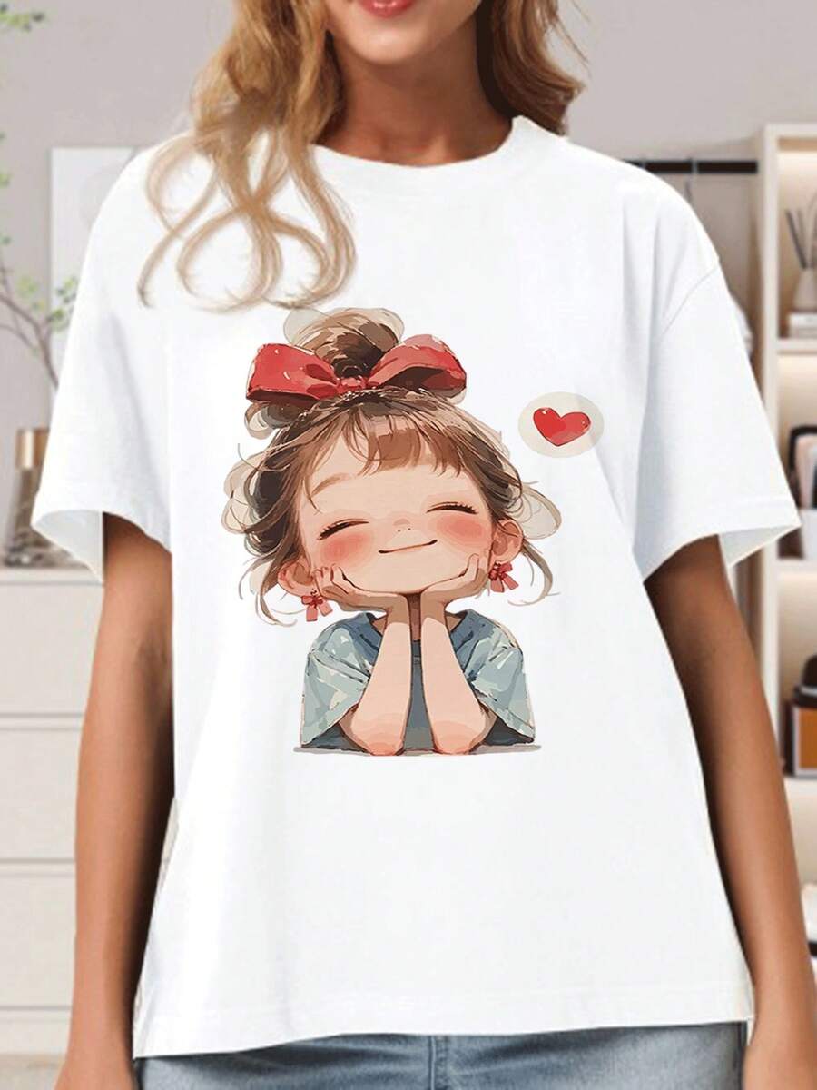 Simple And Versatile Design, Unisex T-Shirt With Cute Print, Short Sleeve, Round Neck, Casual Loose Fit, Fashionable Unisex Top, Comfortable, Breathable, Basic T-Shirt For Everyday Summer Wear, Urban Clothing, Cotton T-Shirt For Women. - 白色 - 查看 1