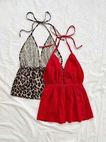 Set de 2 piezas Camiseta de tirantes con estampado de leopardo sexy para vacaciones, Blusa de cuello en V y espalda descubierta de tela texturizada roja para citas, té por la tarde, vacaciones, festivales de música, estilo bohemio - Multicolor - Ver 2