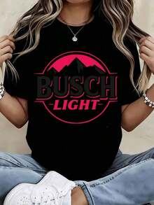 Busch Light Women's Graphic T-Shirt, Short Sleeve Casual Top, Mountain Design, Beer Brand T-Shirt, Unisex Streetwear Fashion Clothing, 220g. - 黑色 - 查看 1